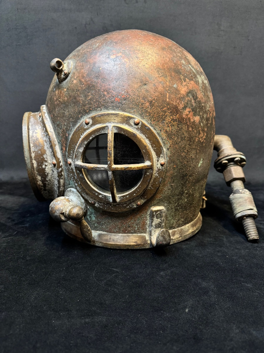 Casque de scaphandrier ancien en cuivre et laiton -photo-3