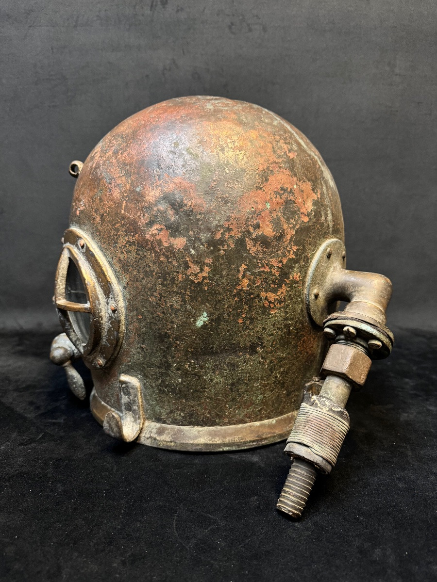 Casque de scaphandrier ancien en cuivre et laiton -photo-3