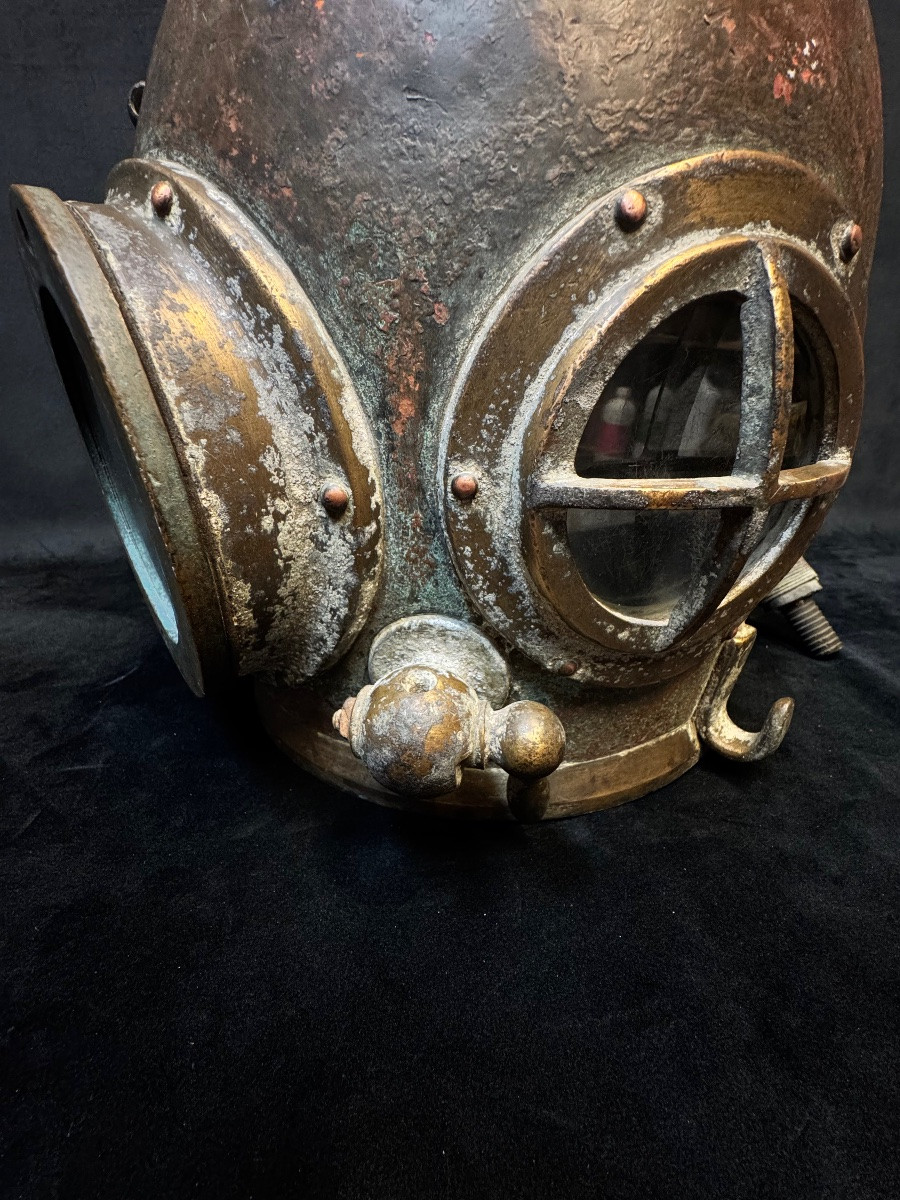 Casque de scaphandrier ancien en cuivre et laiton -photo-6