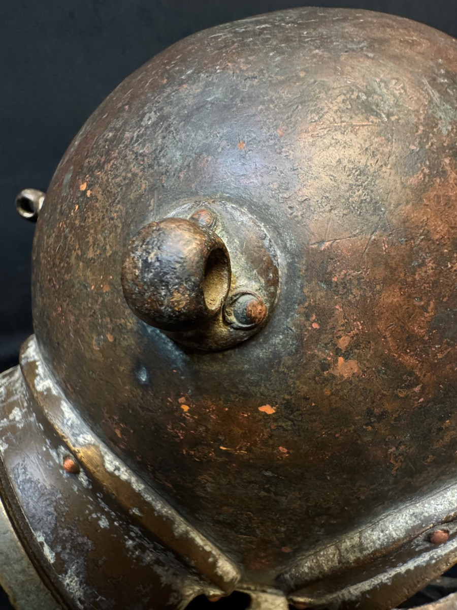 Casque de scaphandrier ancien en cuivre et laiton -photo-7