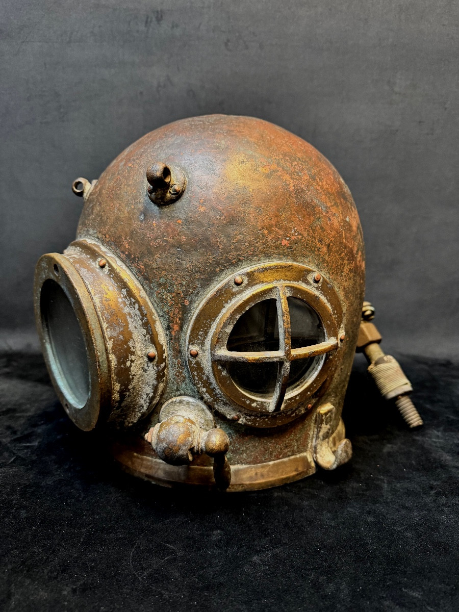 Casque de scaphandrier ancien en cuivre et laiton 