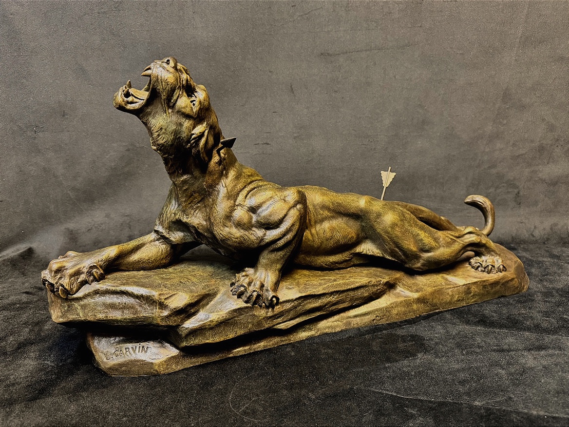 Important Bronze Animal Sculpture Of A Wounded Lioness, 69 Cm – Louis Carvin (1875-1951) – French School
