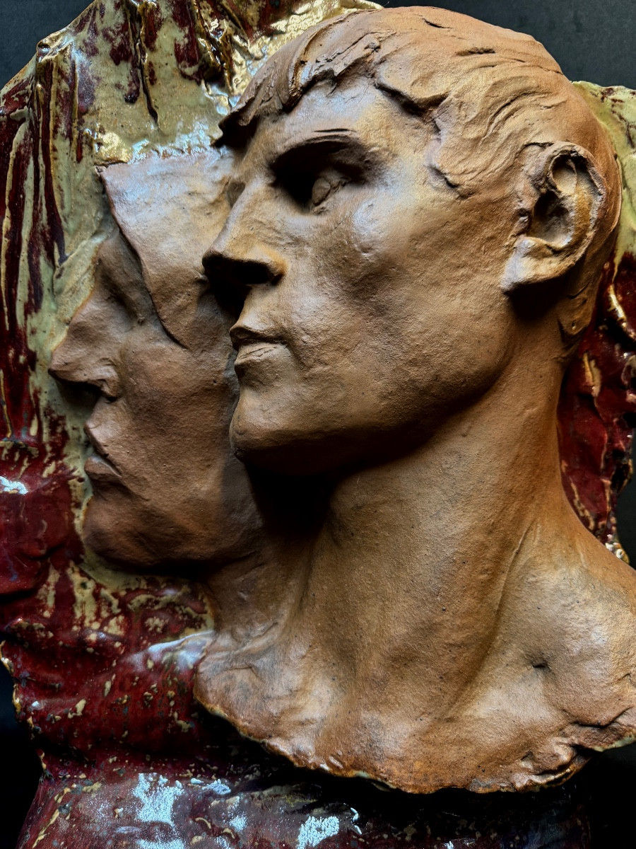 Dalpayrat – Art Nouveau Sculpture In Flamed Oxblood-red Sandstone After Constantin Meunier, Circa -photo-4