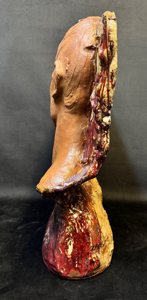 Dalpayrat – Art Nouveau Sculpture In Flamed Oxblood-red Sandstone After Constantin Meunier, Circa -photo-2