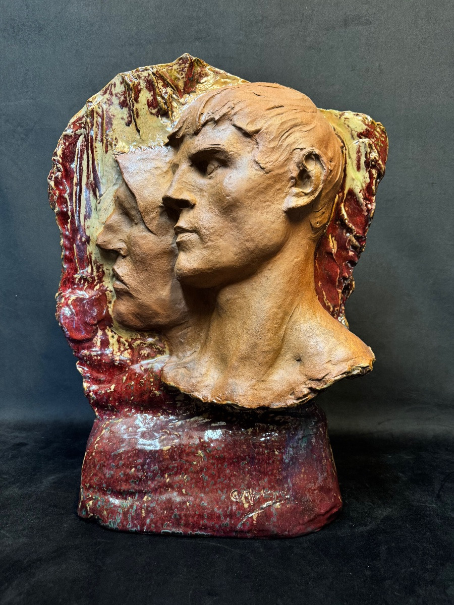 Dalpayrat – Art Nouveau Sculpture In Flamed Oxblood-red Sandstone After Constantin Meunier, Circa -photo-3