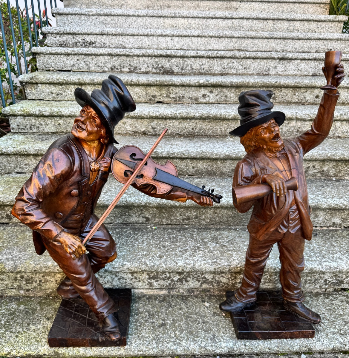 Important Pair Of Carved Wooden Sculptures – Tavern Musicians – Italian Work (venice)-photo-2