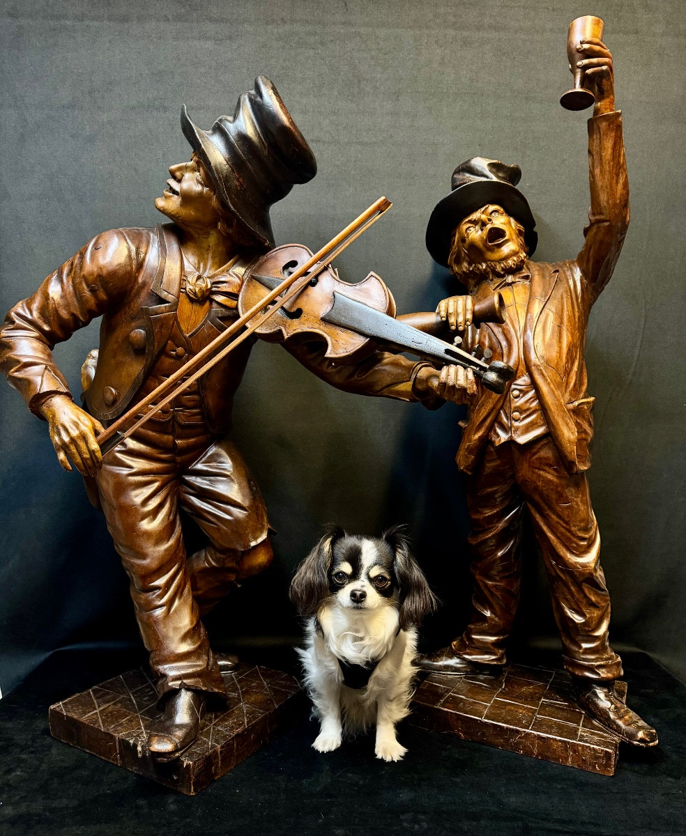 Important Pair Of Carved Wooden Sculptures – Tavern Musicians – Italian Work (venice)-photo-3