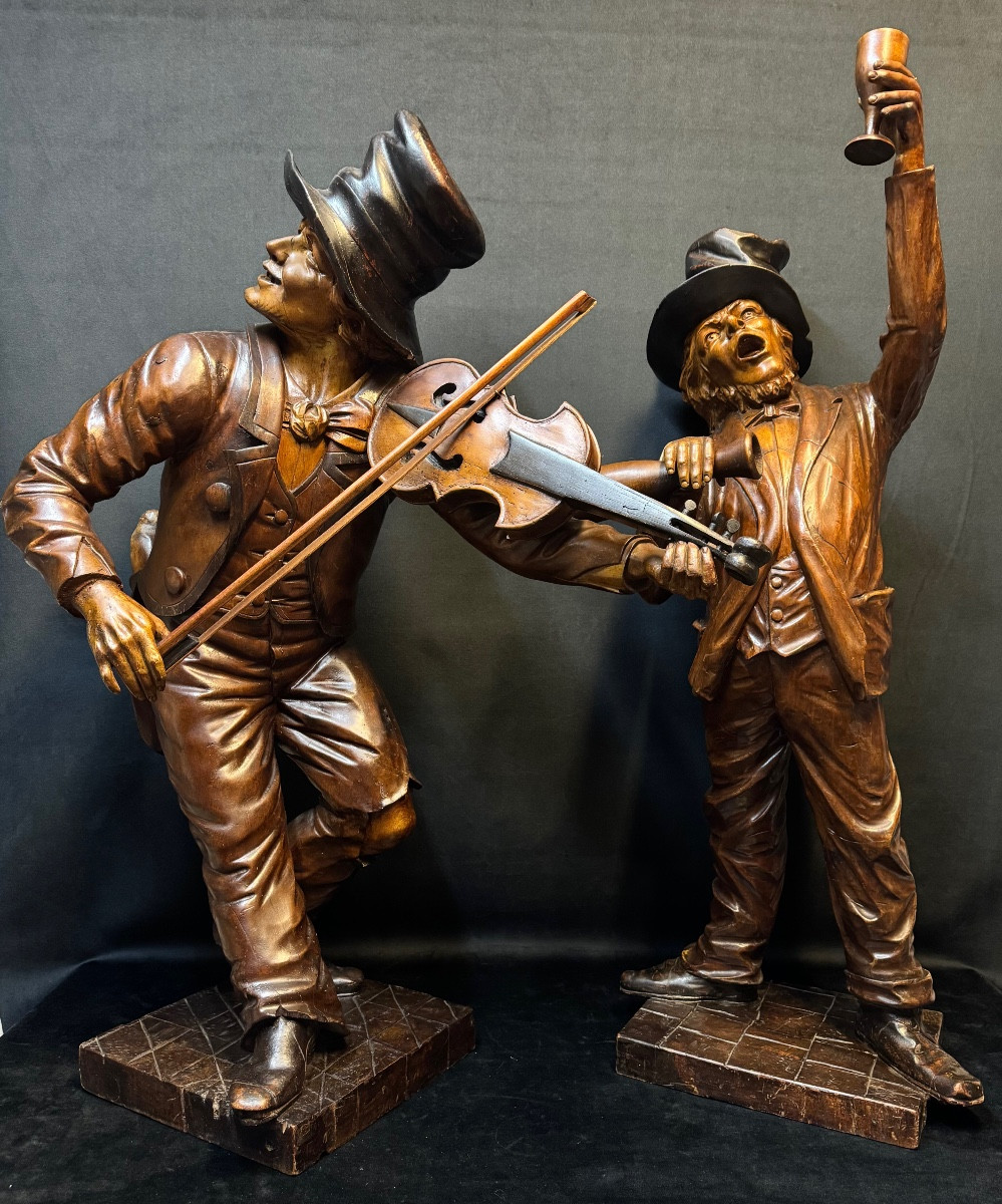 Important Pair Of Carved Wooden Sculptures – Tavern Musicians – Italian Work (venice)-photo-4