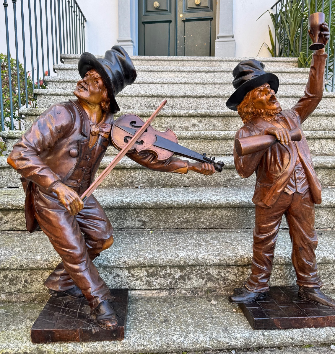 Important Pair Of Carved Wooden Sculptures – Tavern Musicians – Italian Work (venice)-photo-8