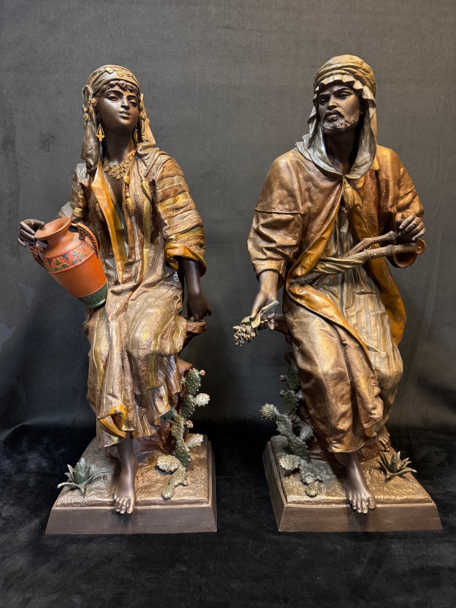Paire de sculptures orientalistes en régule polychrome signées J. Guillot – 80 cm  
