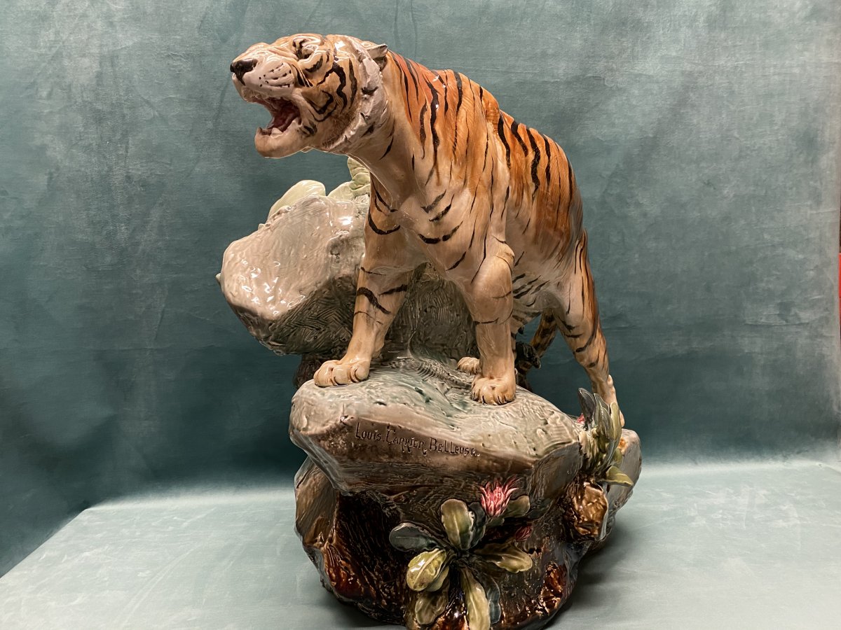Tiger In Majolica By Louis Carrier- Belleuse, Choisy Le Roi-photo-3