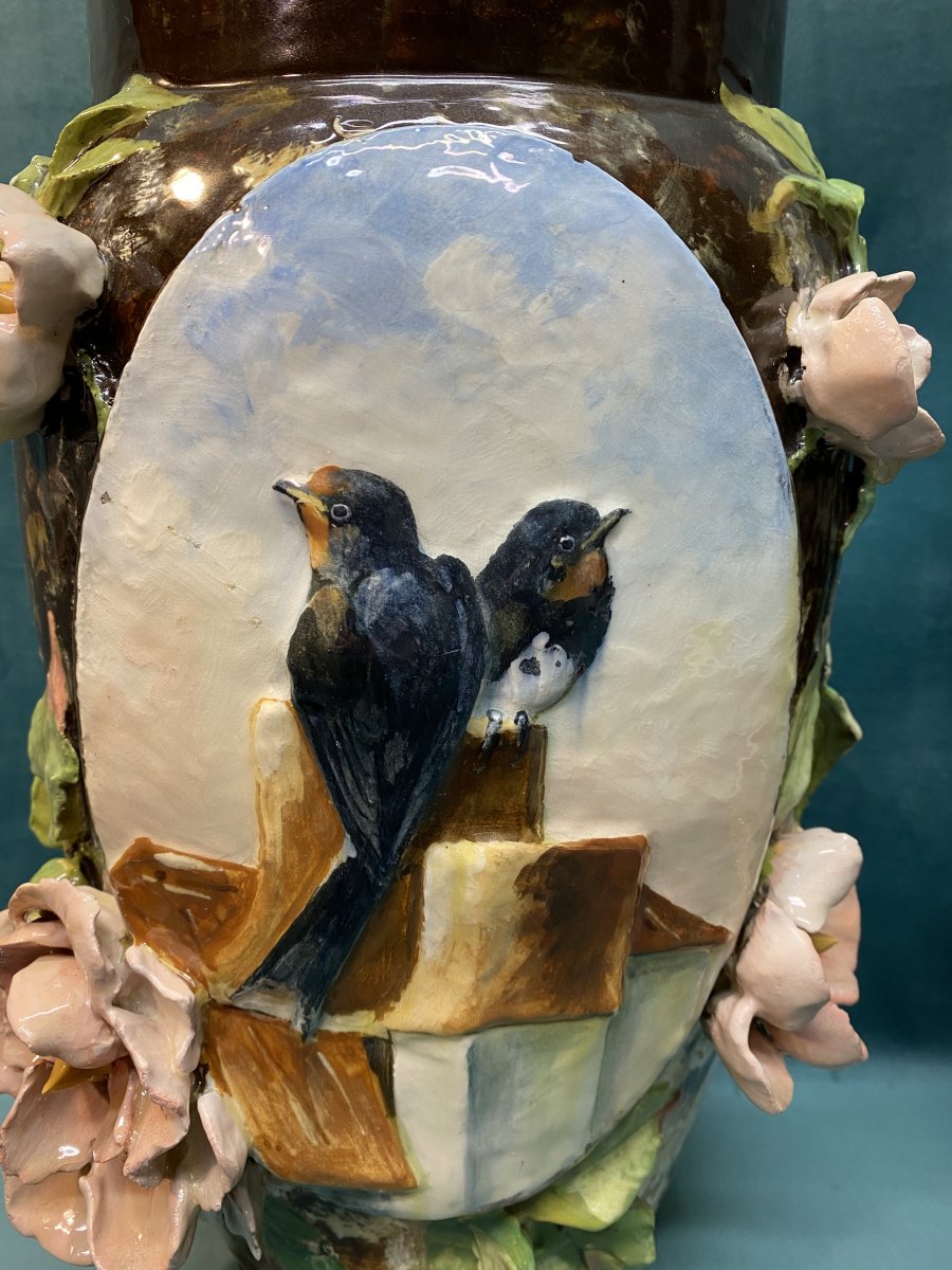 Pair Of Impressionist Vases With Swallows-photo-3