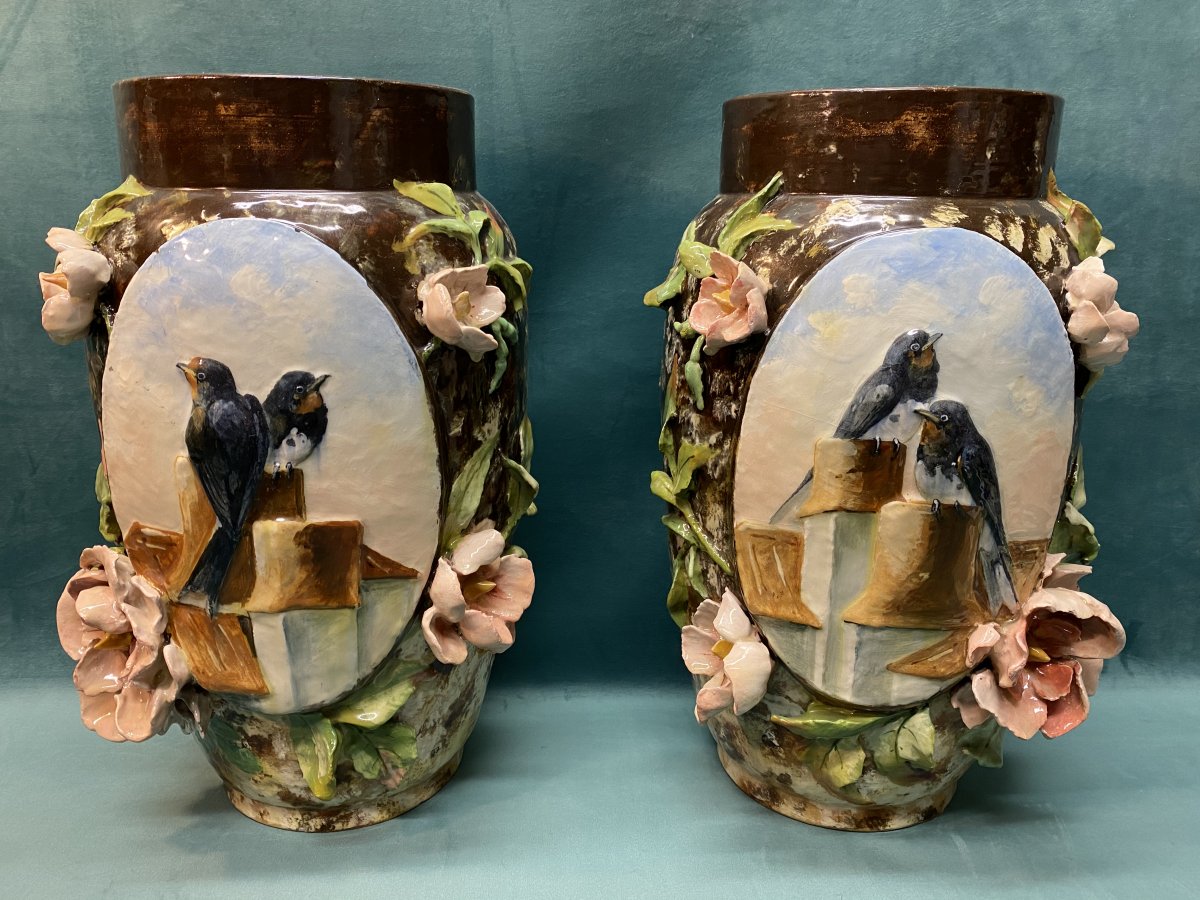 Pair Of Impressionist Vases With Swallows
