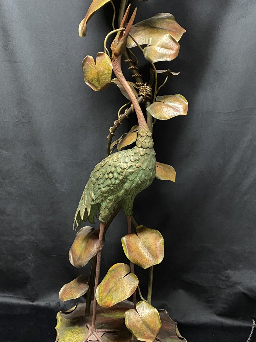 Lampe en bronze  “ échassier ” Art- Nouveau -photo-3