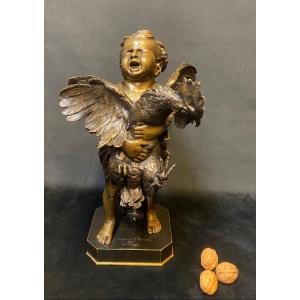 Bronze “child With The Rooster” By Adriano Cécioni 