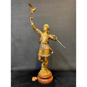Bronze orientaliste « Le fauconnier » de Marcel Debut , 84 centimètres.