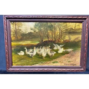 Oil On Canvas A Flock Of Geese In A Rural Landscape By Martin Des Amoignes