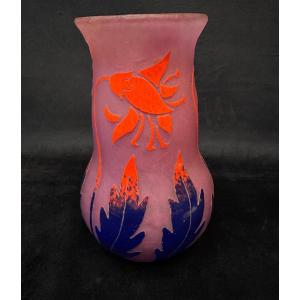 Art Deco Glass Paste Vase Signed Degue, 23 Cm