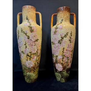 Art nouveau – Paire de vases monumentaux Delphin Massier Vallauris – Relief floral – 93 cm