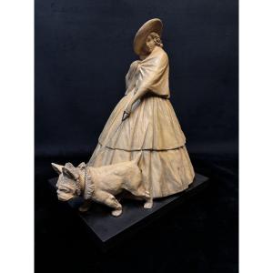 Art Déco – Sculpture en terre cuite signée Guido Cacciapuoti –Italie – "Femme au bouledogue "