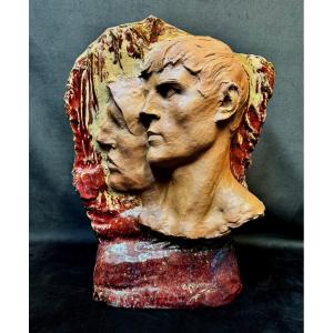 Dalpayrat – Art Nouveau Sculpture In Flamed Oxblood-red Sandstone After Constantin Meunier, Circa 