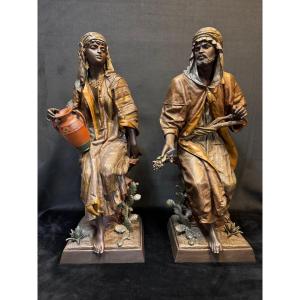 Paire de sculptures orientalistes en régule polychrome signées J. Guillot – 80 cm