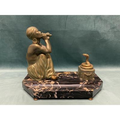 Inkwell In Bronze Signed Godard, Art Deco Period