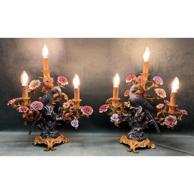 Paire de lampes en bronze doré dans le goût de Meissen 