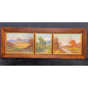 Triptych Painting, “surroundings Of Grenoble” By Charles Julien