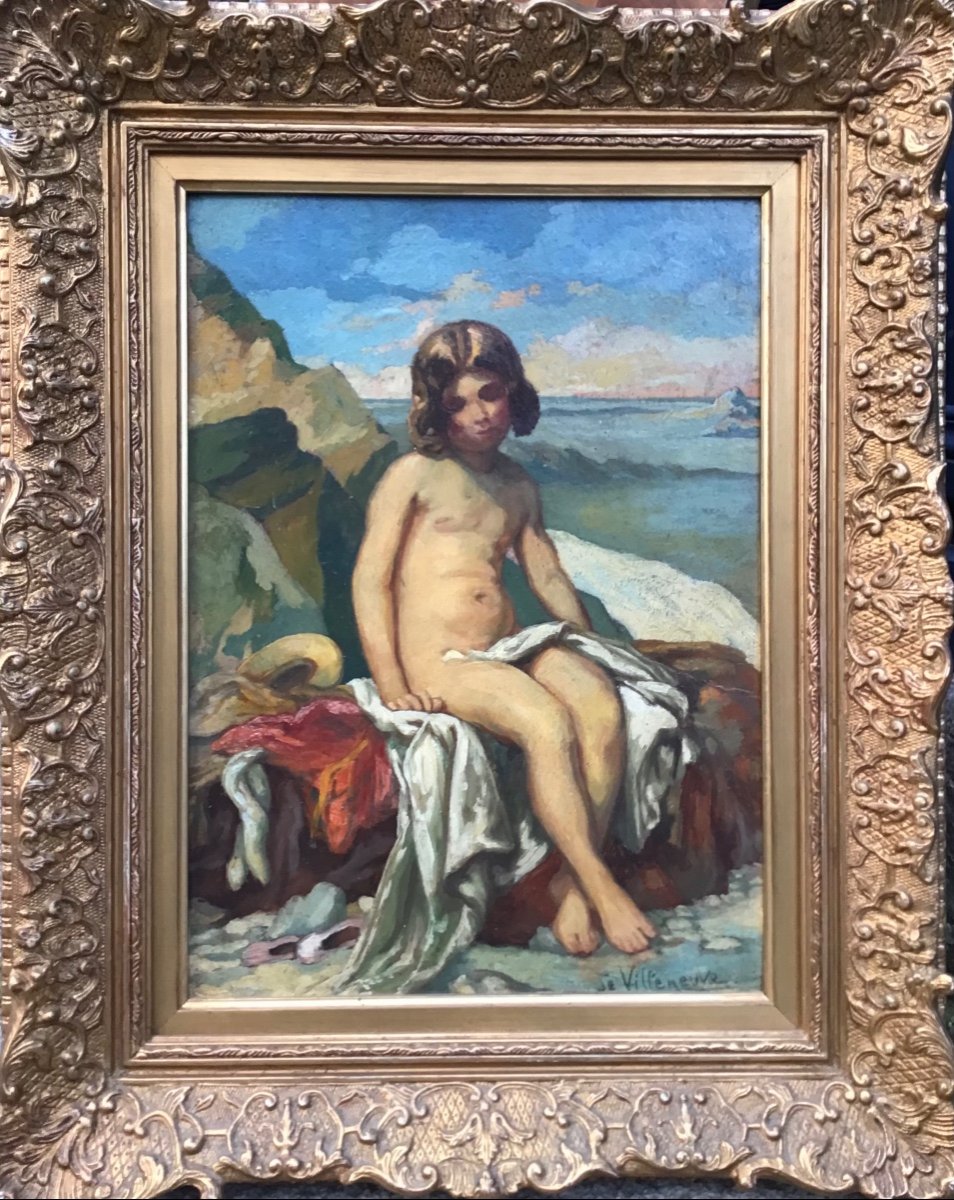 J. Villeneuve, Jeune Fille Au Bain, Huile 