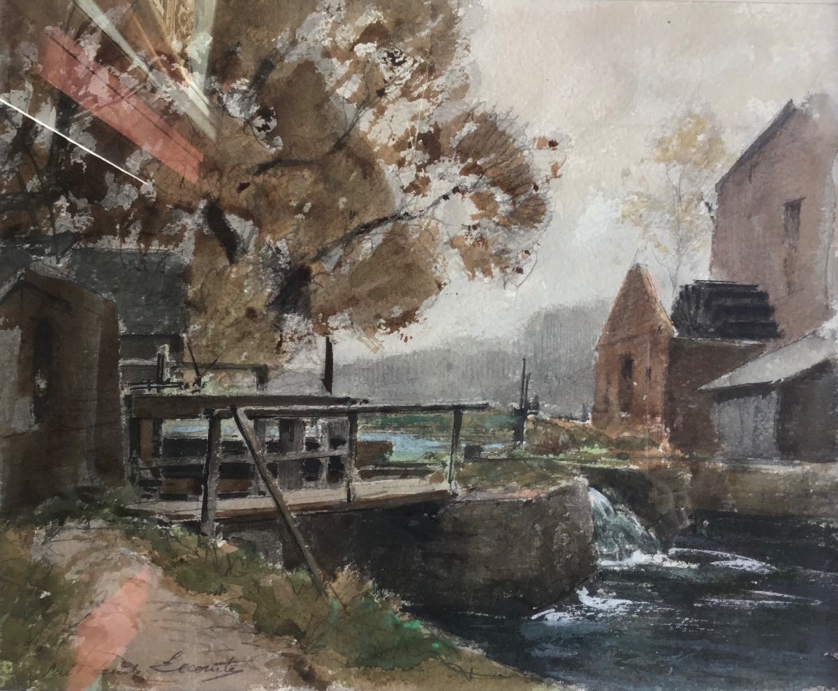 Paul émile Leconte, Paysage Au Moulin, Aquarelle-photo-3