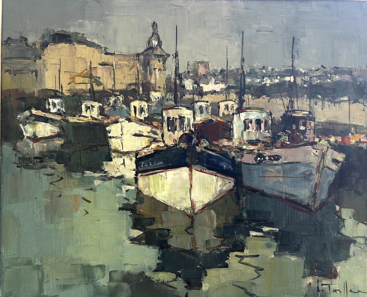 Jean Louis Le Toullec, Trawlers In The Port Of Concarneau, Oil On Canvas-photo-2