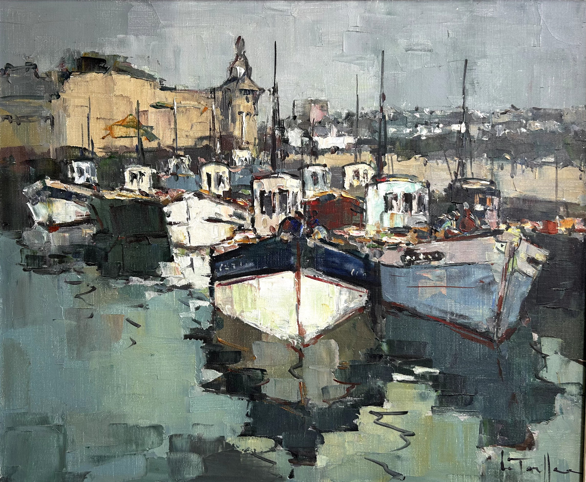 Jean Louis Le Toullec, Chalutiers au port de Concarneau, huile sur toile-photo-2