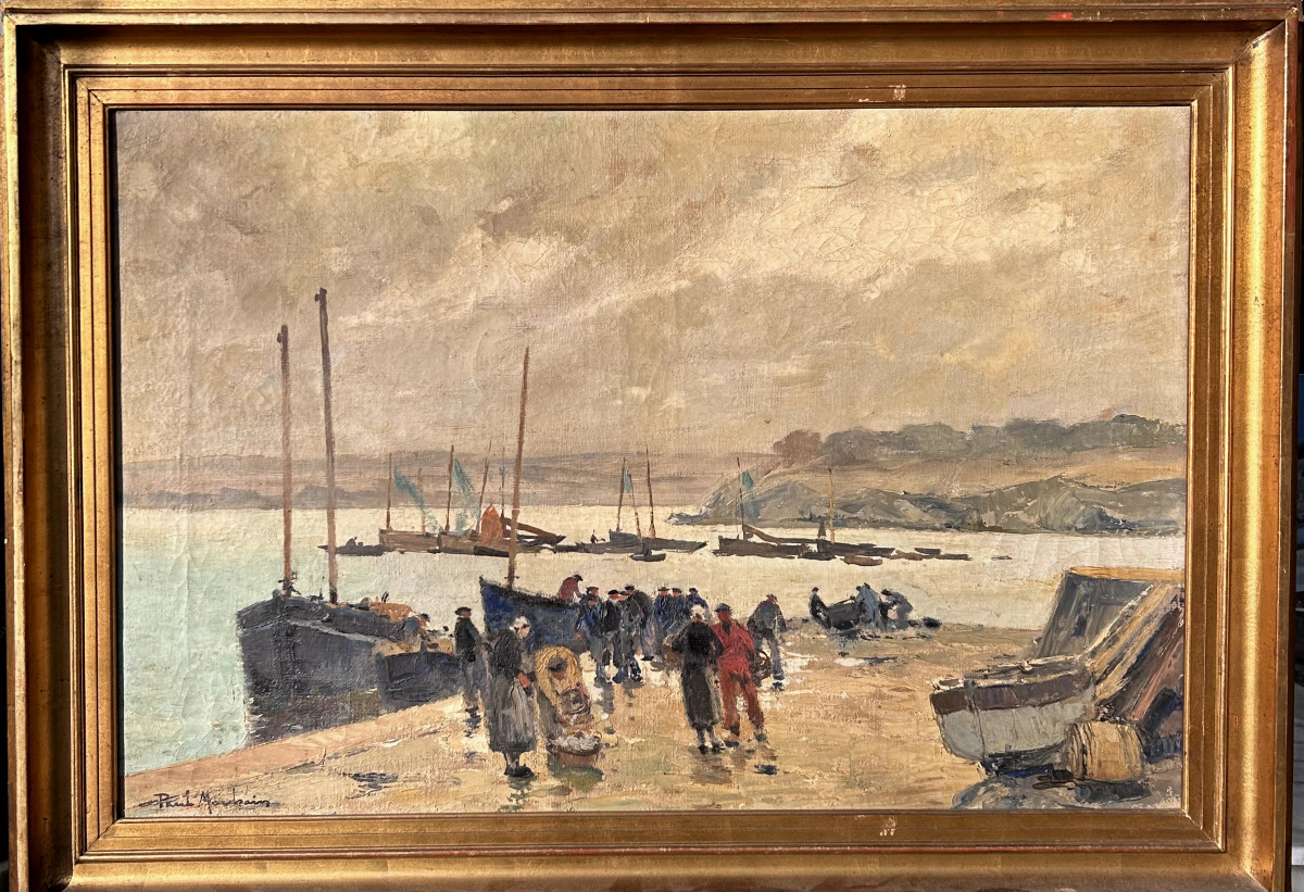 Paul Morchain, débarquement de sardines autour de Douarnenez, huile sur toile