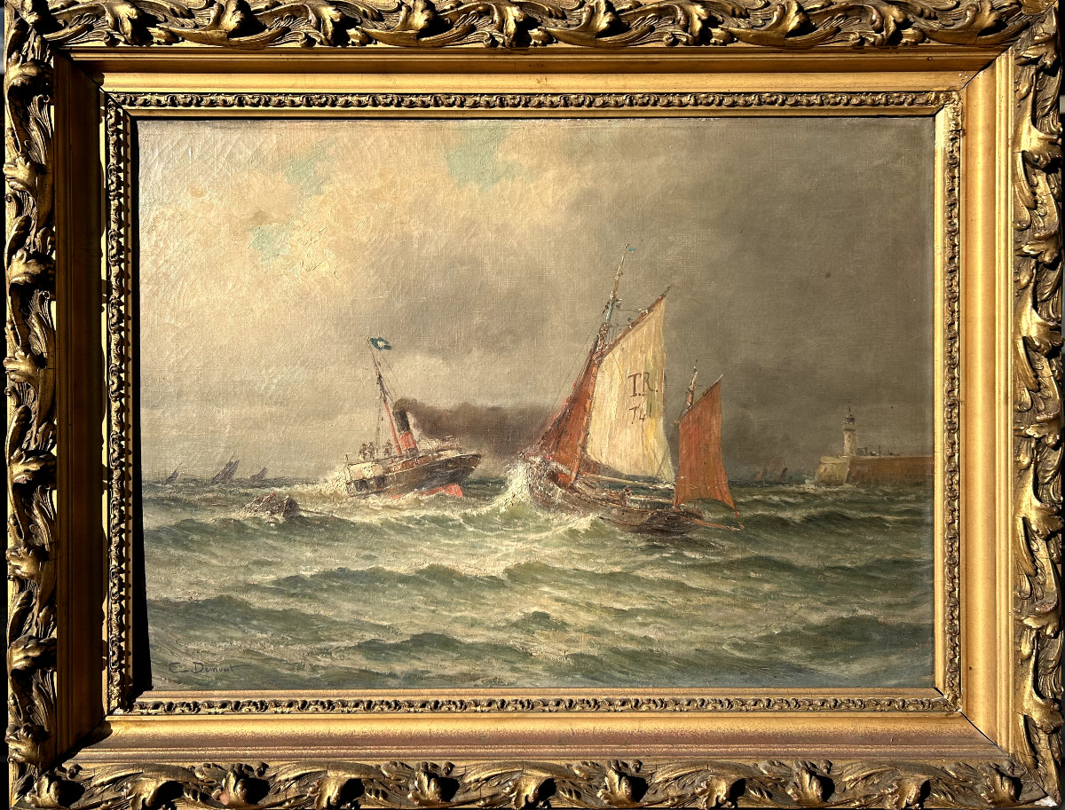 C. Demont, Boat Leaving Port In Tow, Oil On Canvas