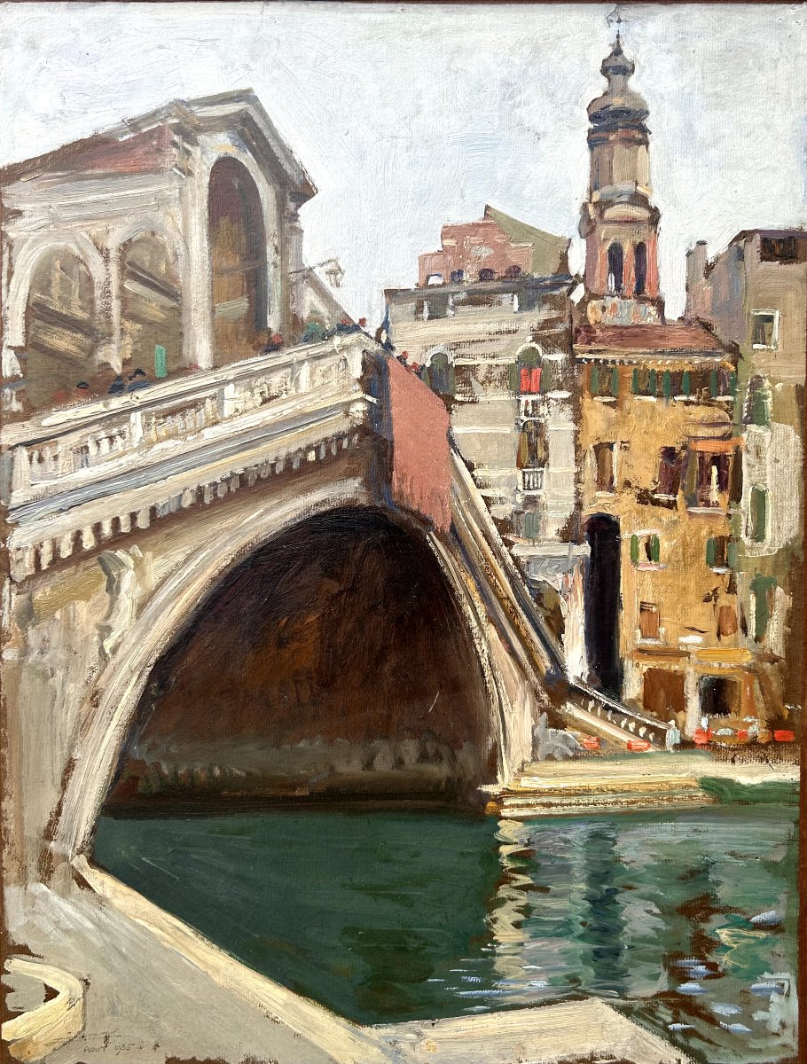 Lucien Jonas, Venise le pont Rialto, Huile sur bois-photo-3