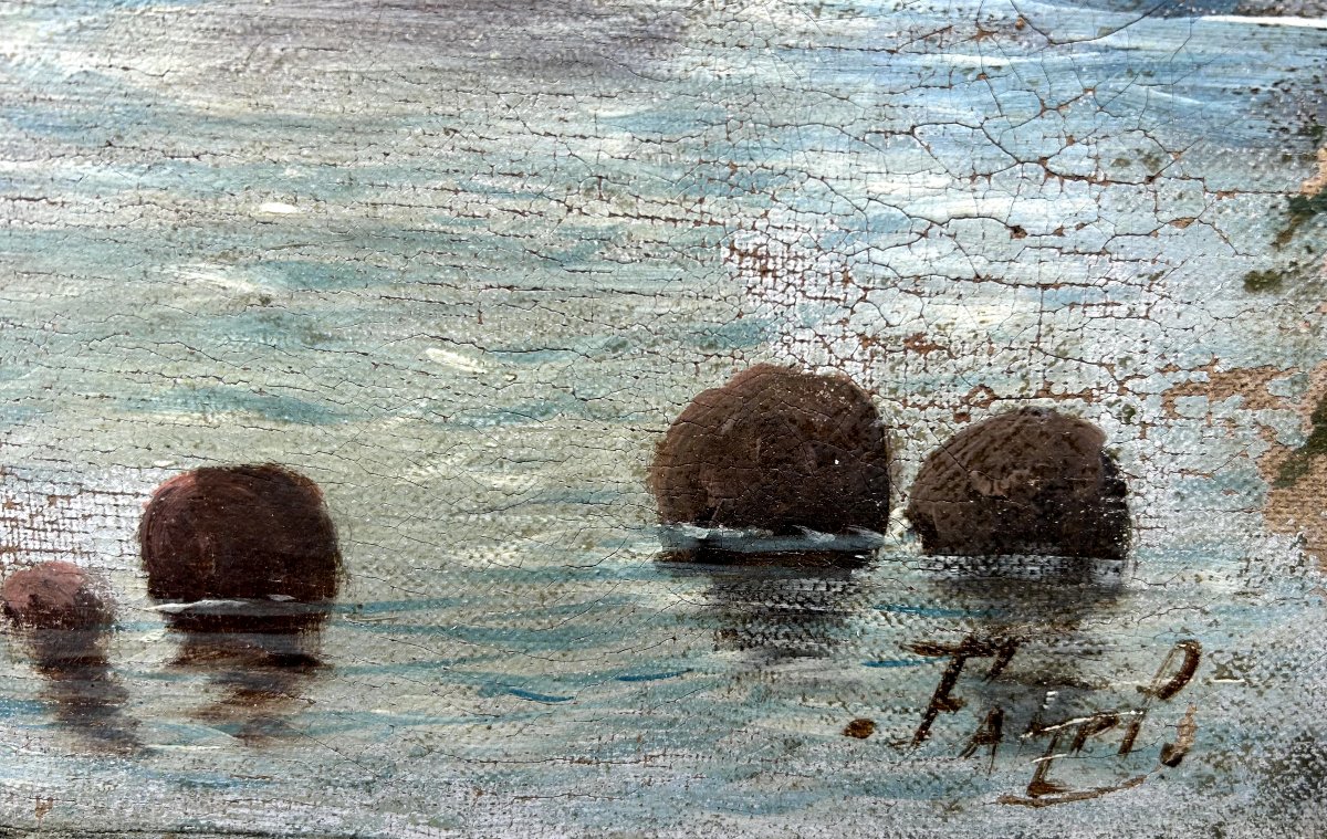 Farel (?), Fishing On Foot, Oil On Canvas-photo-4