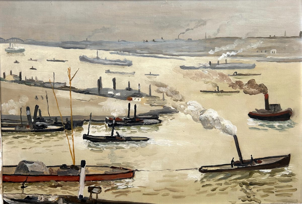 Anonyme, Port du Havre, huile sur toile-photo-3
