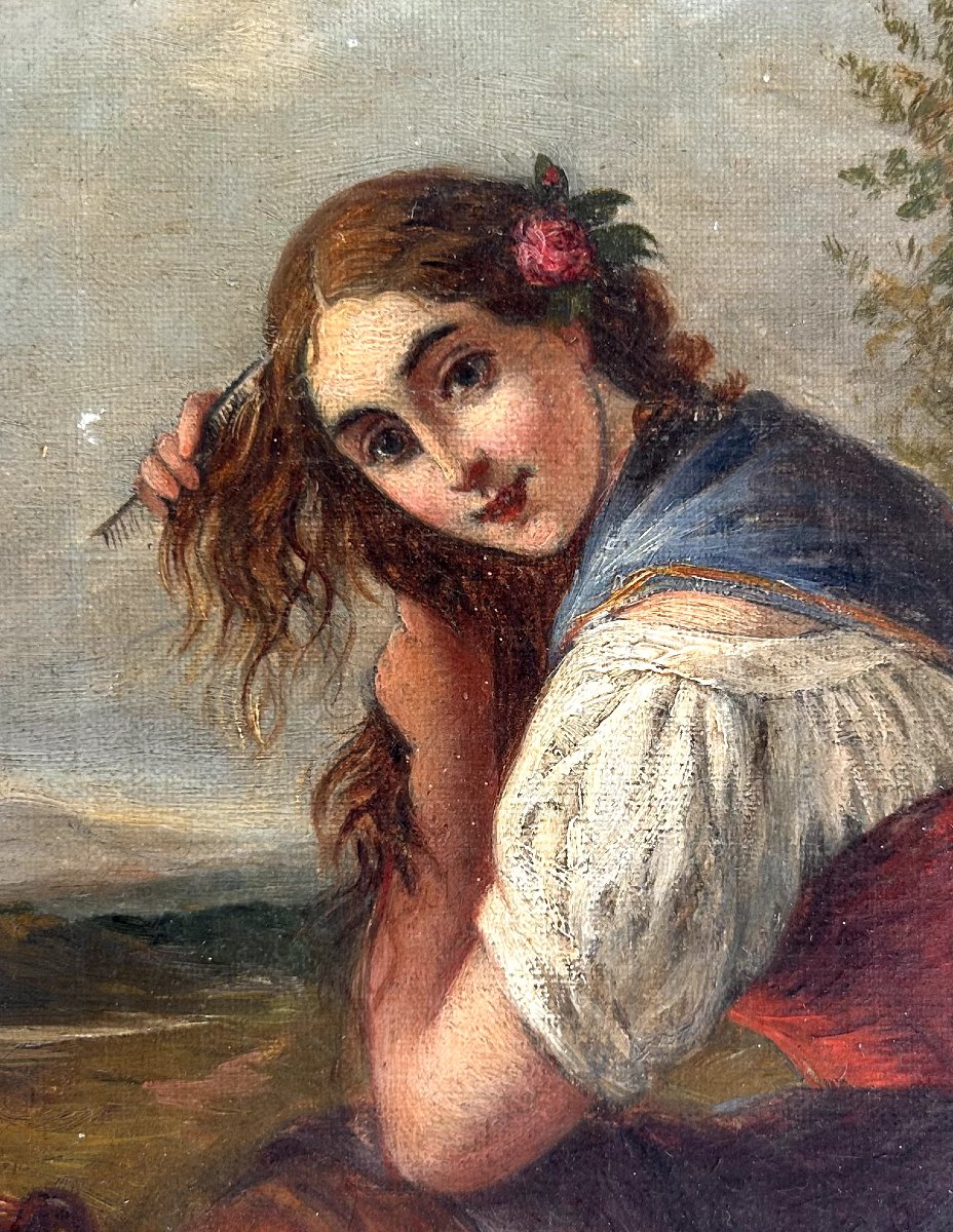 Portraits de jeune fille, huiles sur toile, scènes de genre 19ème siècle-photo-3