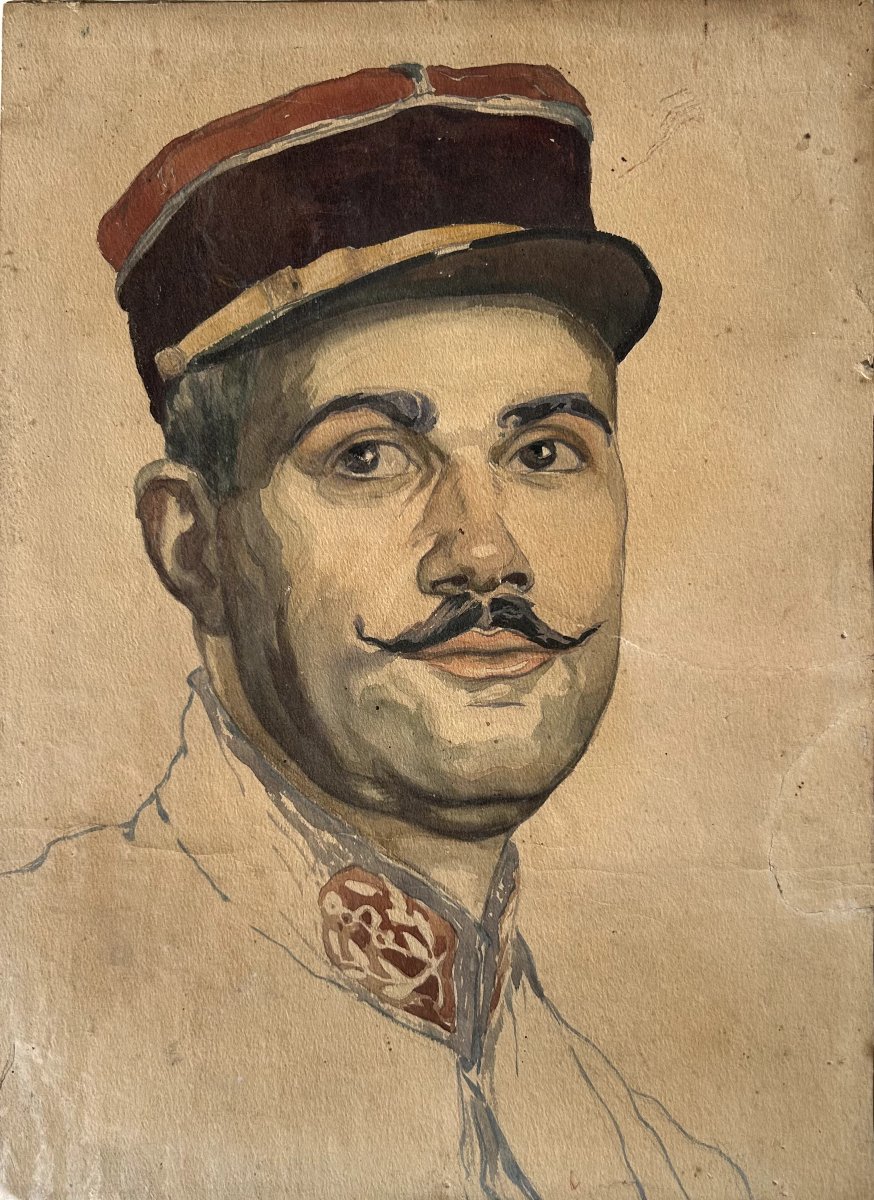 Portrait de militaire, Aquarelle non signée, 20ème-photo-2
