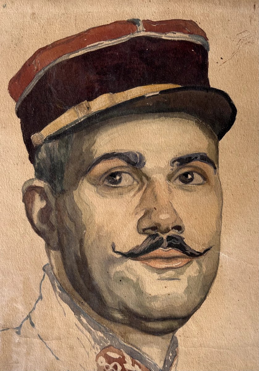 Portrait de militaire, Aquarelle non signée, 20ème-photo-3