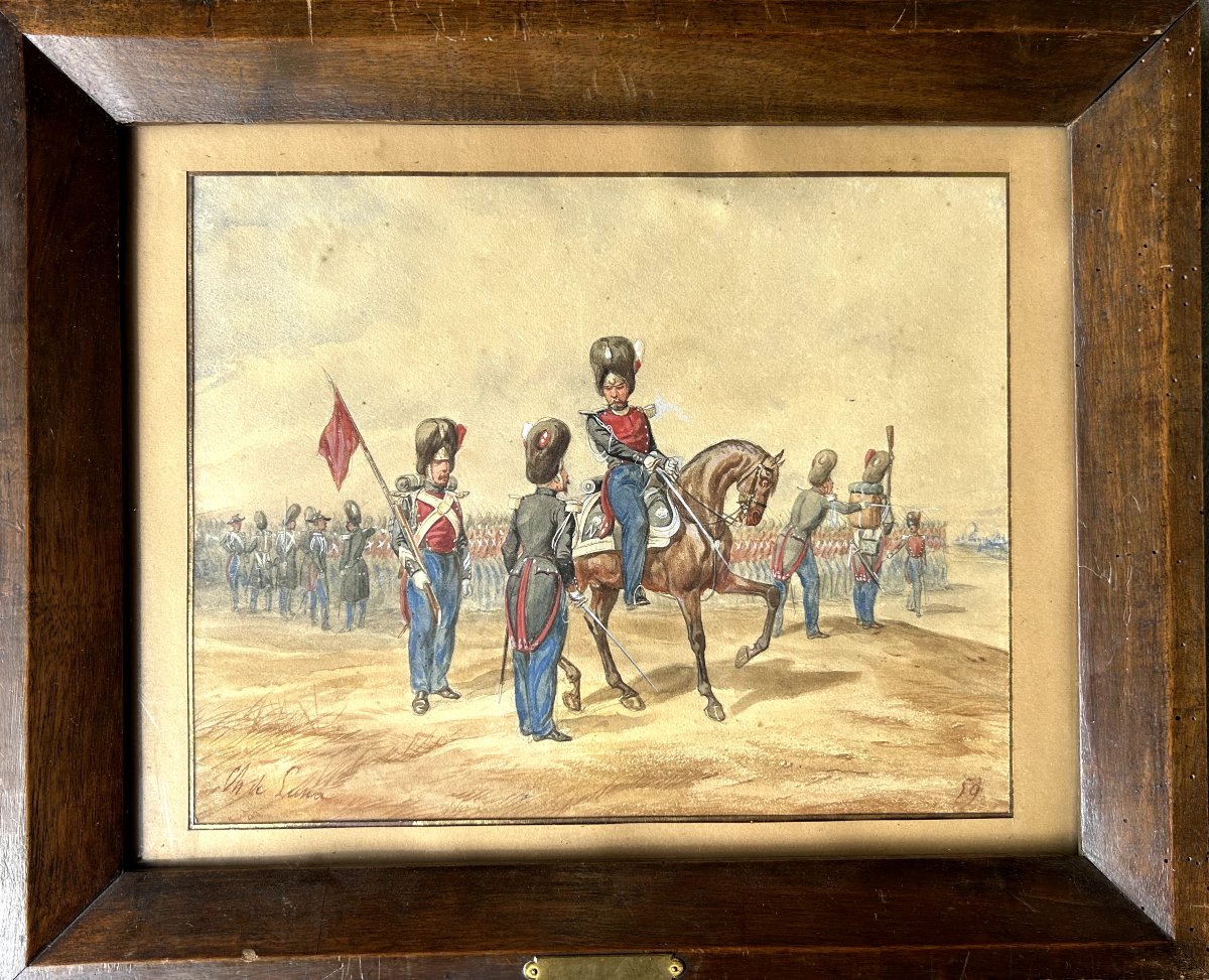 Charles de Luna, deux aquarelles, scènes militaires 19ème-photo-2