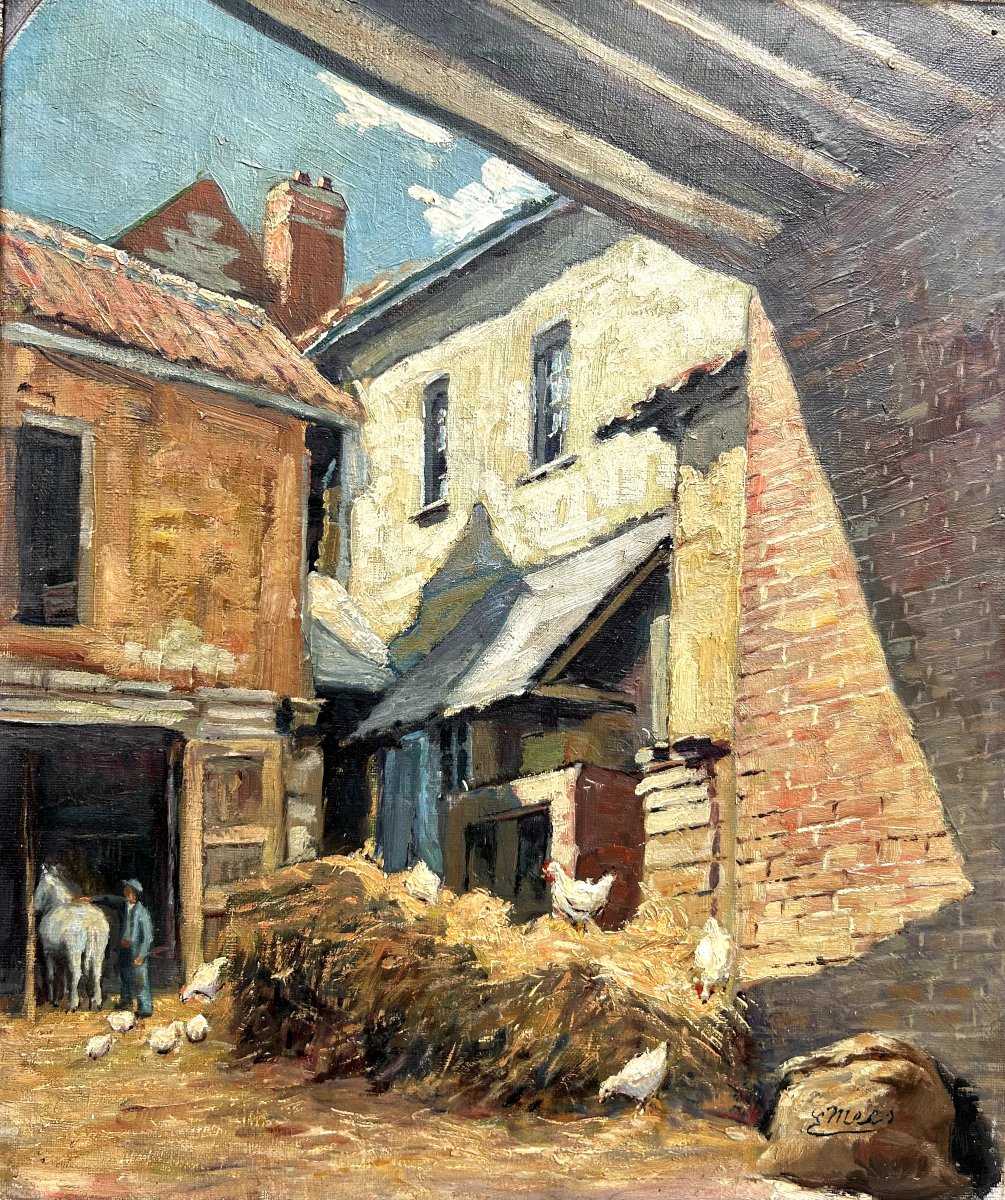 E.MECS (?), cour de ferme, huile sur toile