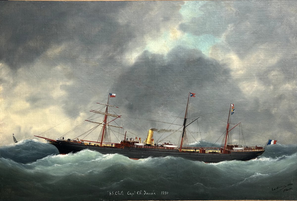 Edouard Adam, Ss Chili, Capt. Ch. Jouan, Oil On Canvas-photo-2