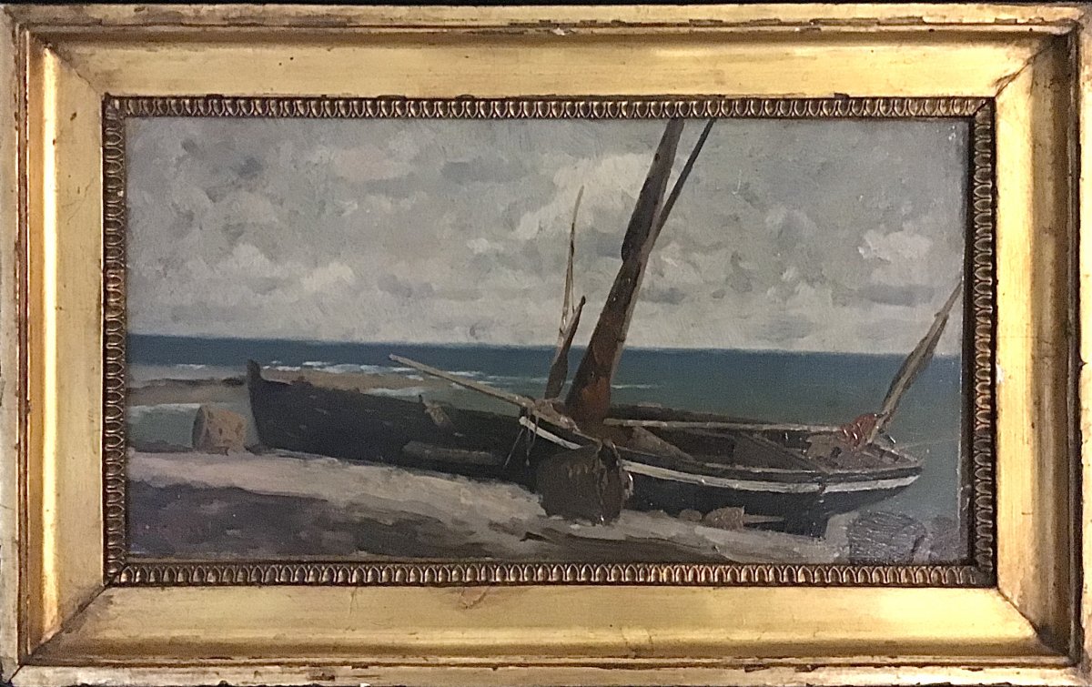 Barques à L’échouage, Huile Sur Bois Signée, 19ème, 19x34 Cm-photo-2
