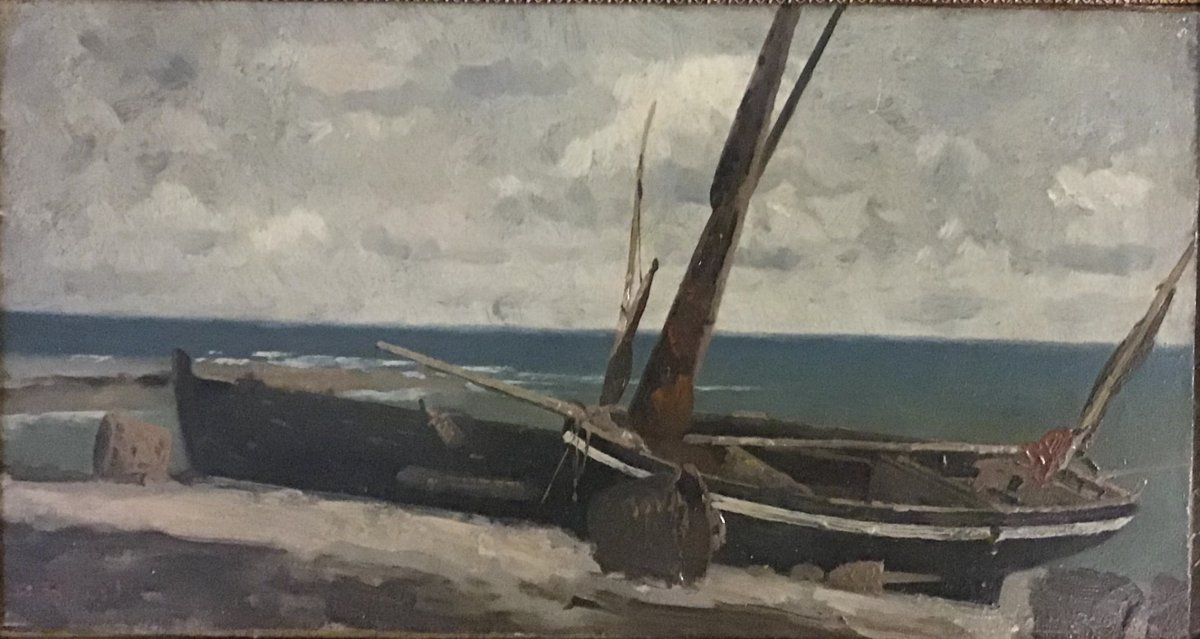 Boats Stranding, Oil On Wood Signed, 19th, 19x34 Cm
