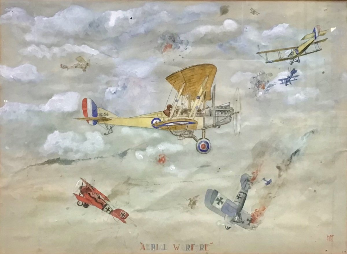 Aerial Warfare, Bataille Navale 1918, Aquarelle Monogrammée-photo-2