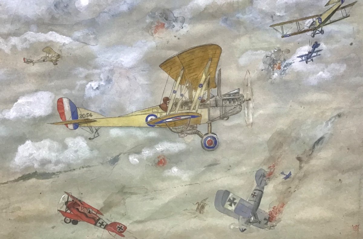 Aerial Warfare, Bataille Navale 1918, Aquarelle Monogrammée-photo-4
