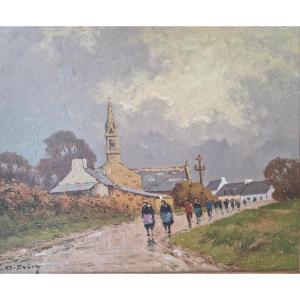 Huile Sur Toile De Olivier Servy Paysage Breton, Sortie De La Messe