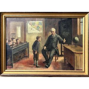 Armand Von Rompaey, La leçon, huile sur bois
